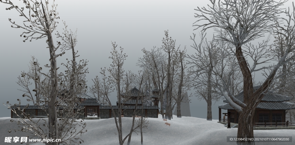 乡村农家院雪景效果图设计