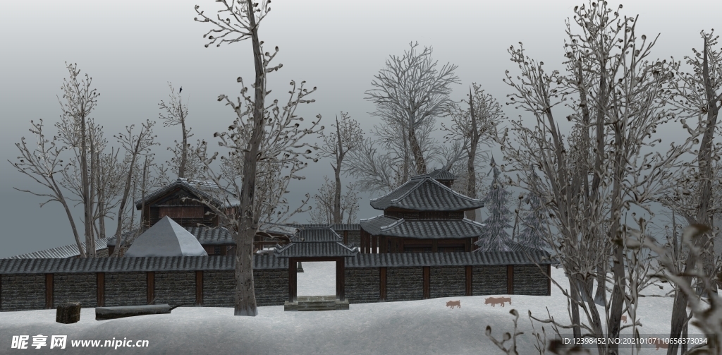 乡村农家院雪景效果图设计