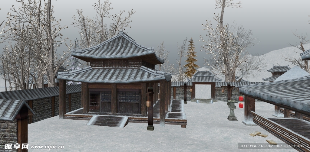 乡村农家院雪景效果图设计