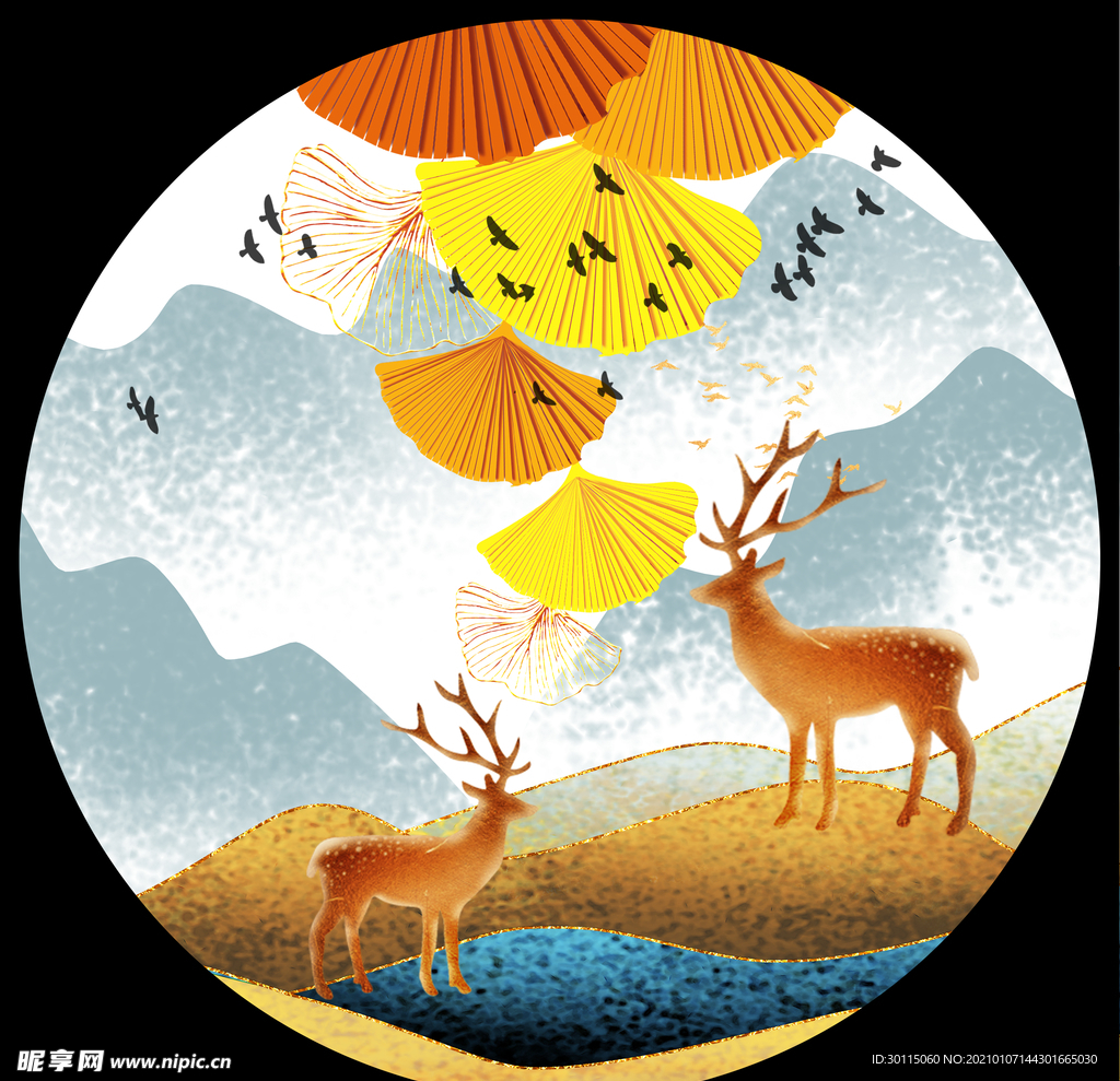 麋鹿银杏圆形装饰画