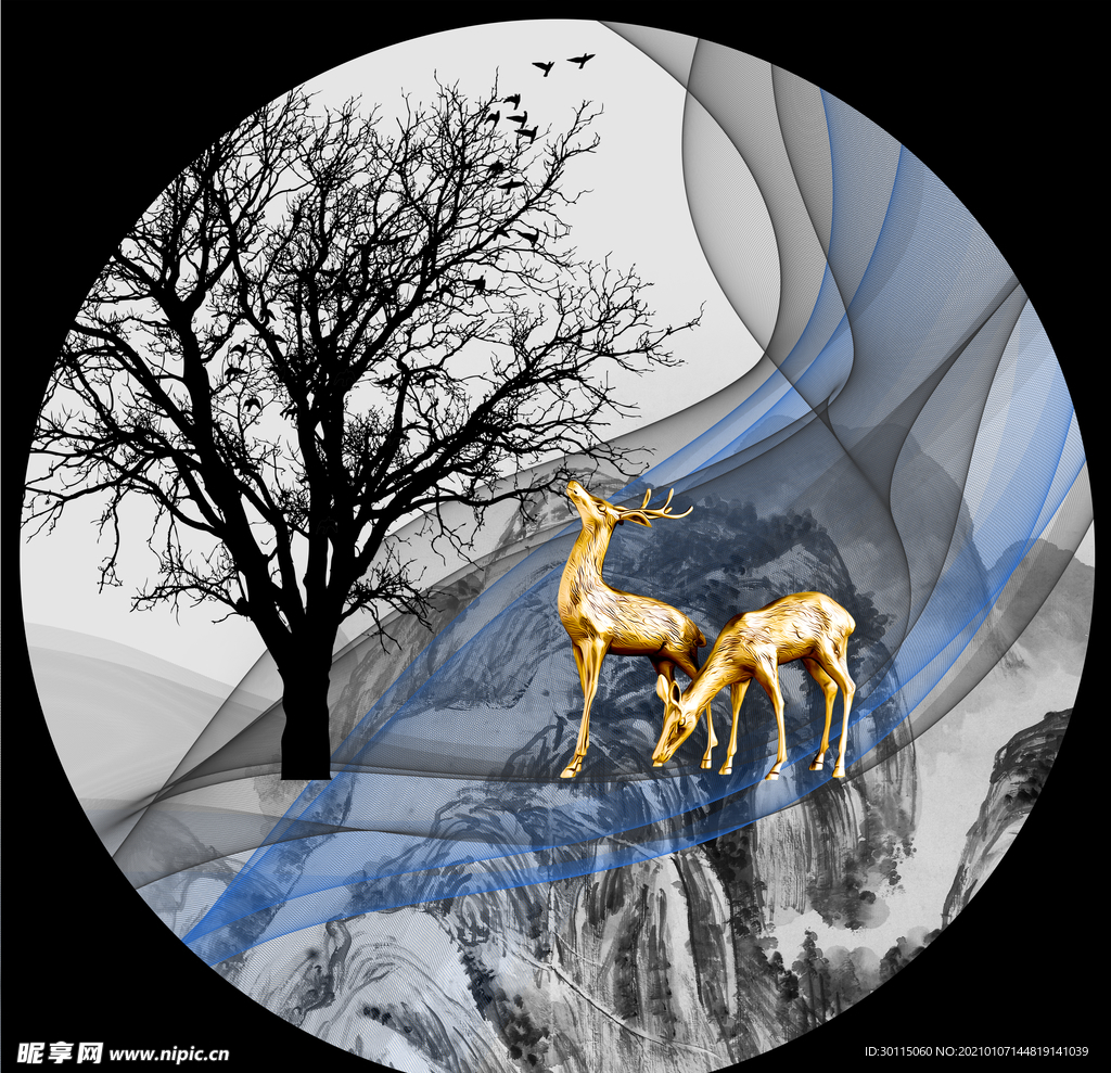 新中式麋鹿烟雾山水装饰画