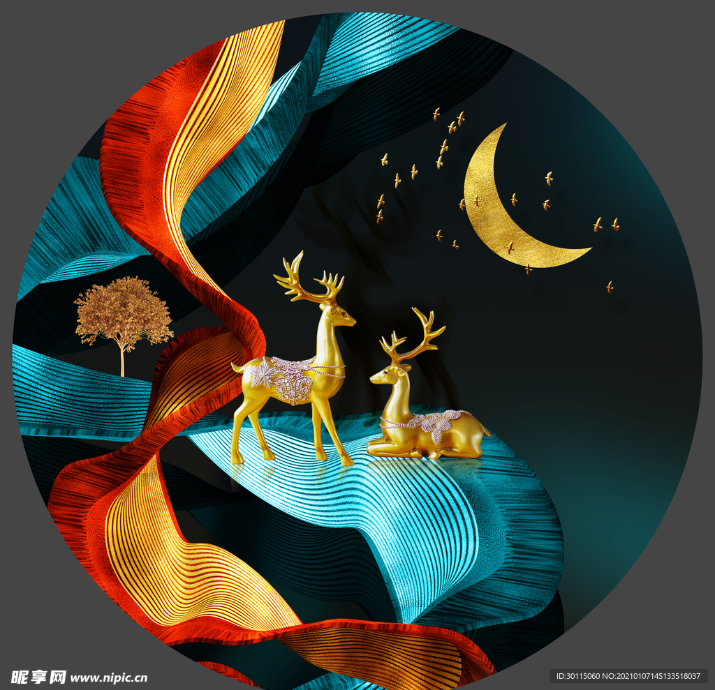 金色麋鹿圆形装饰画