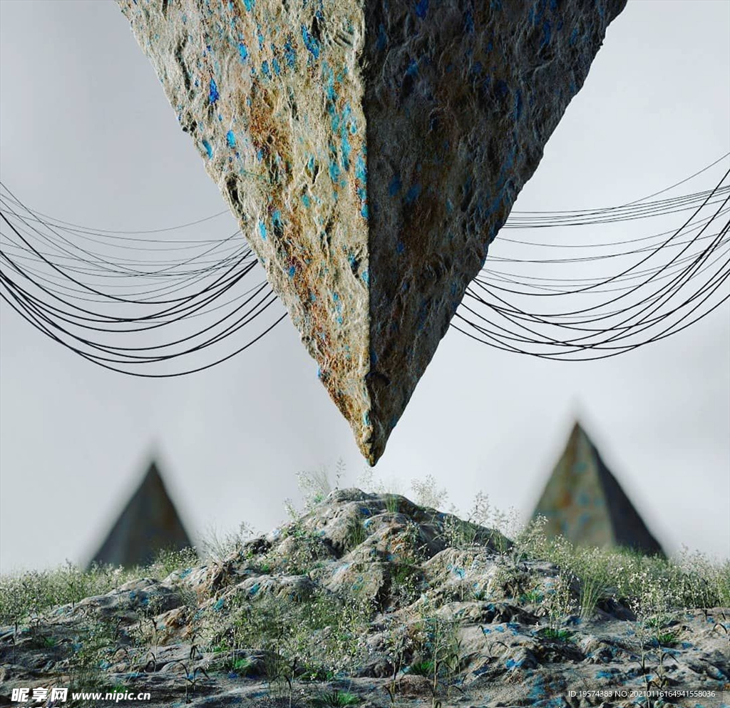 C4D模型 菱形山地野草石头