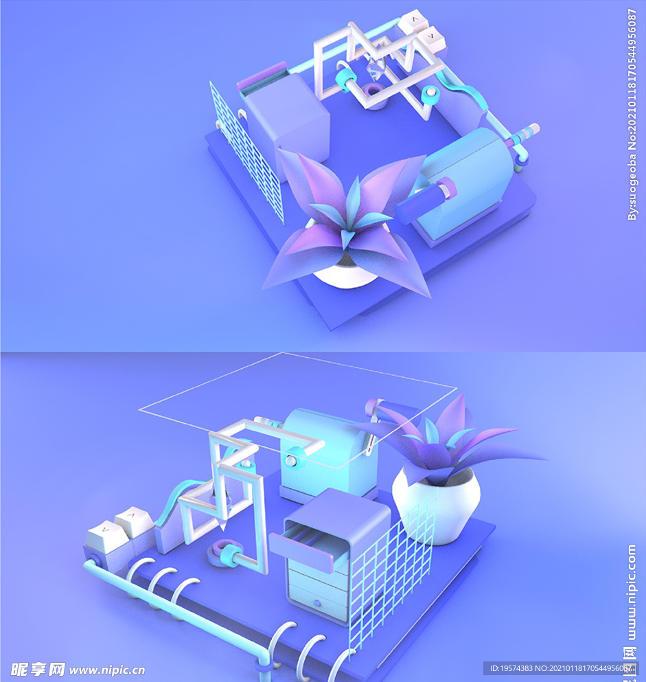 C4D模型卡通抽屉橱柜绿植植物