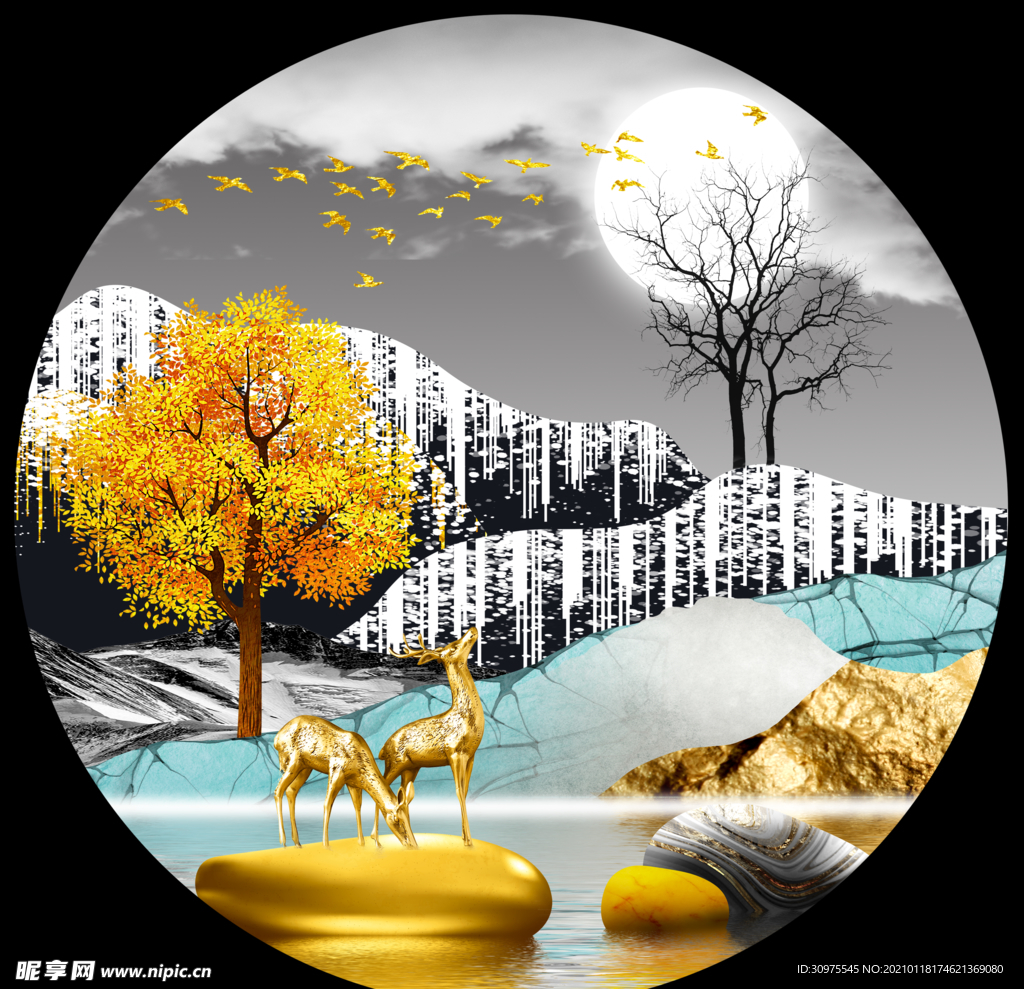 石来运转麋鹿圆形装饰画