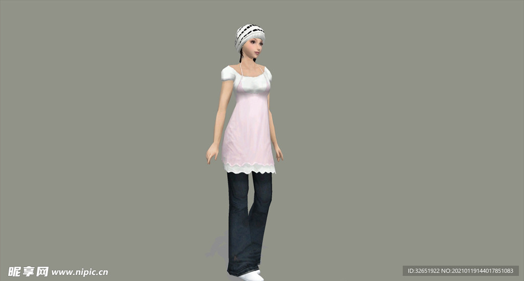 3d人物色粉吊带裙女子SU模型