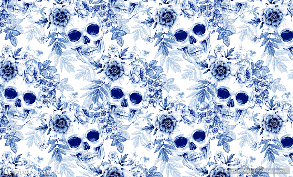 鲜花骷髅头背景底纹装饰图