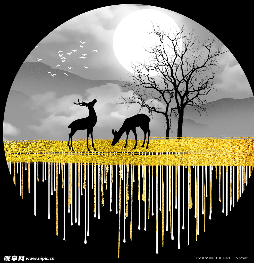 新中式麋鹿圆形装饰画