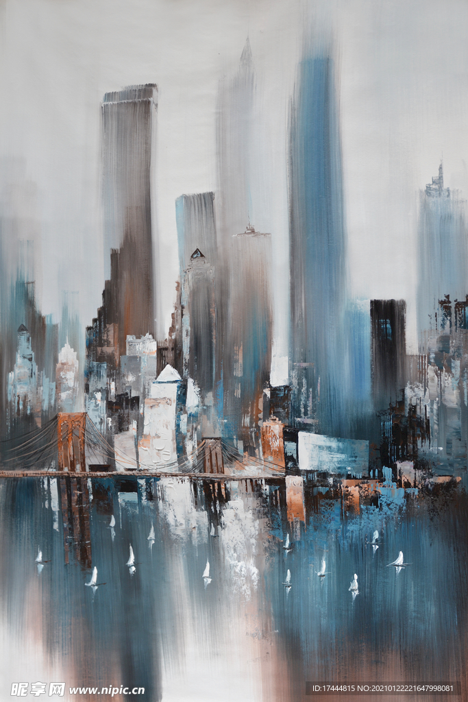 纯手绘油画抽象城市艺术玄关