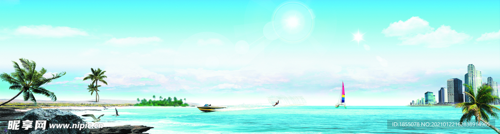 大海 蓝天 白云 飞鸟船