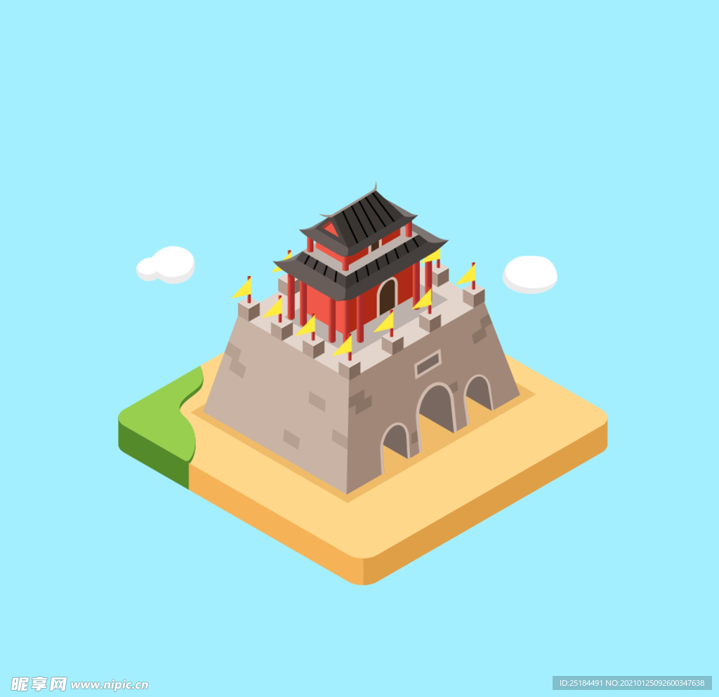 2.5d古建筑图标icon国潮