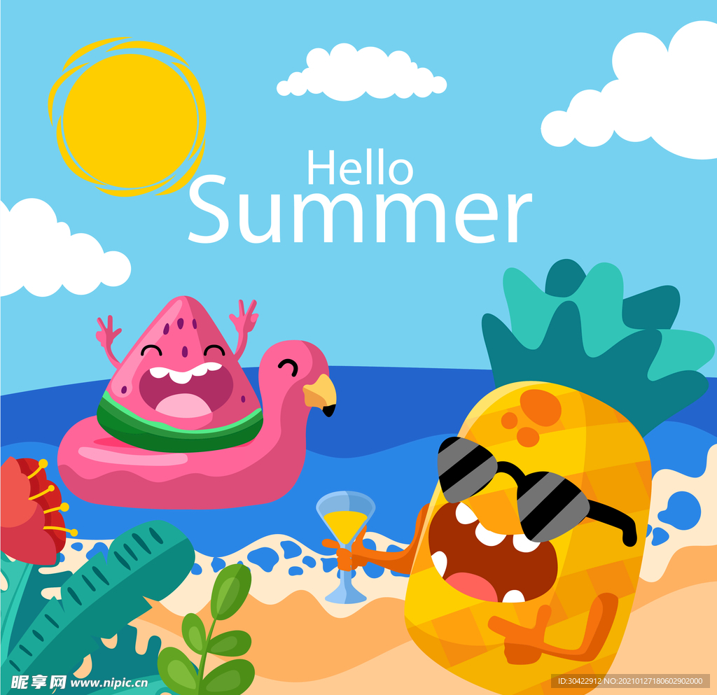 AI矢量夏日卡通菠萝西瓜