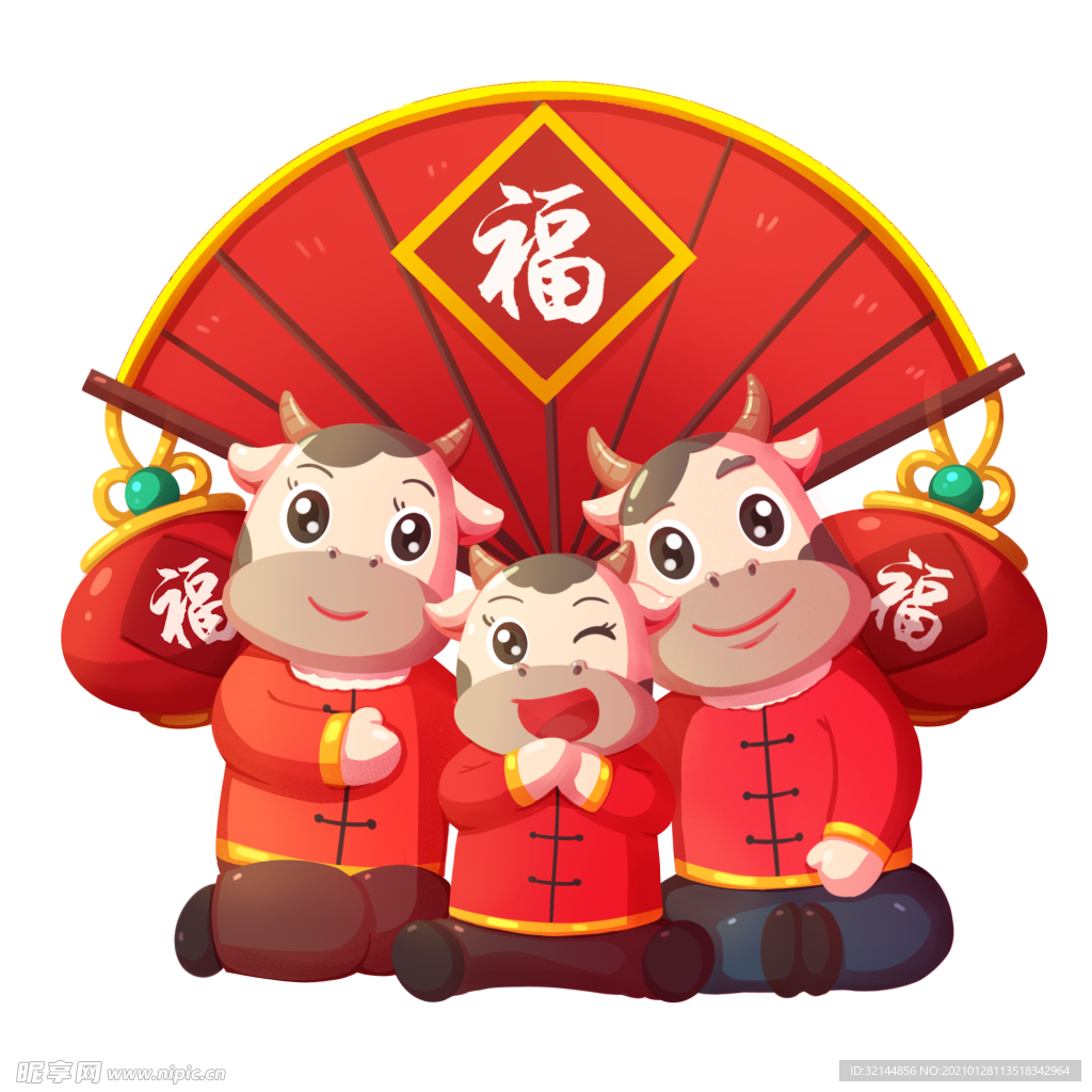 牛年全家福插画牛