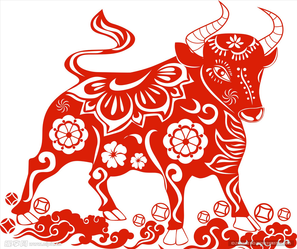 新年剪纸牛矢量图