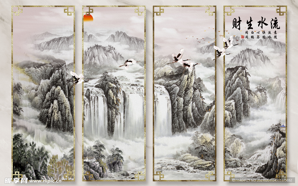 财生流水中国仙鹤水墨画