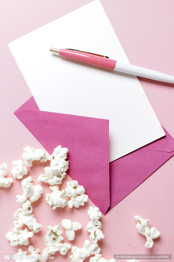 粉红信封信纸爆米花圆珠笔