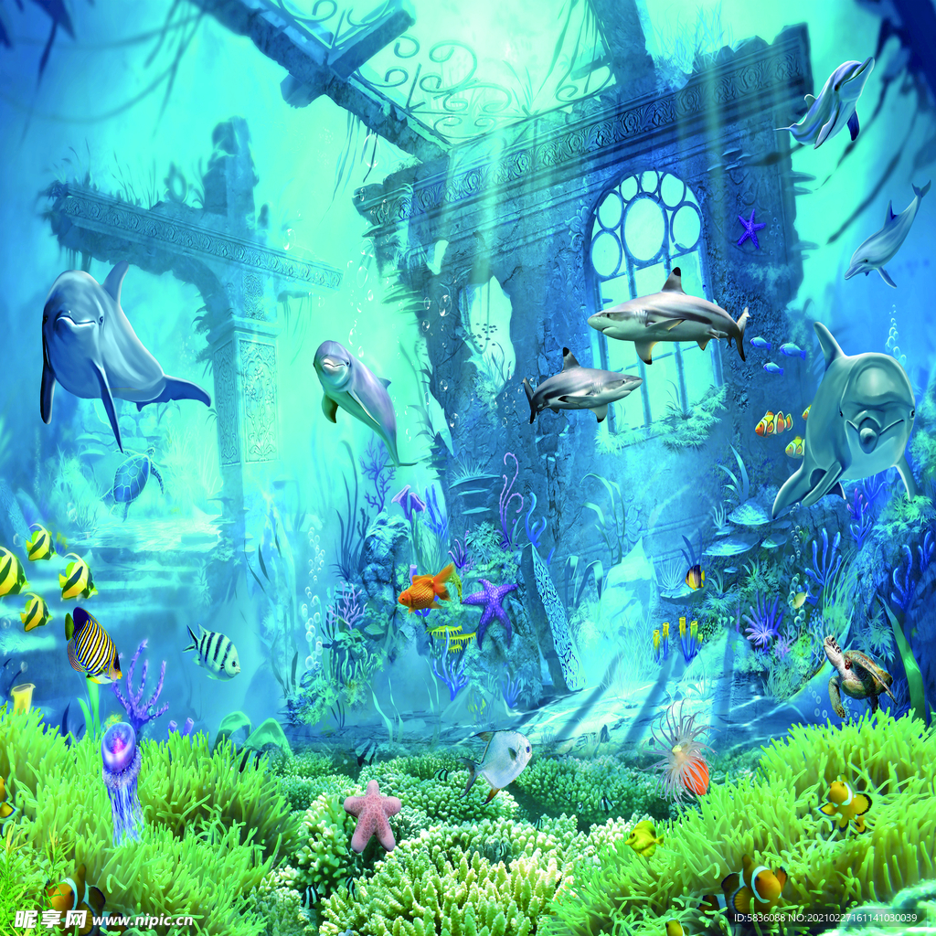 3d海豚海底世界古遗址