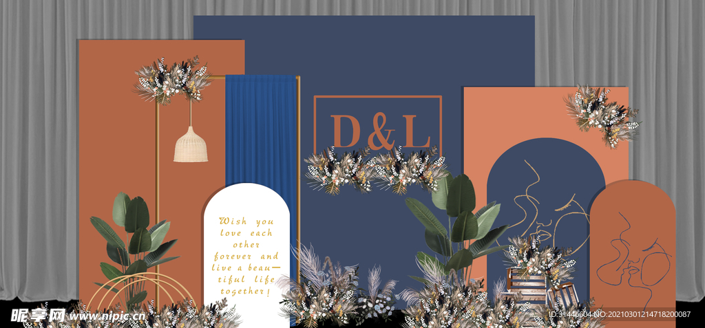 蓝橙撞色婚礼现场设计