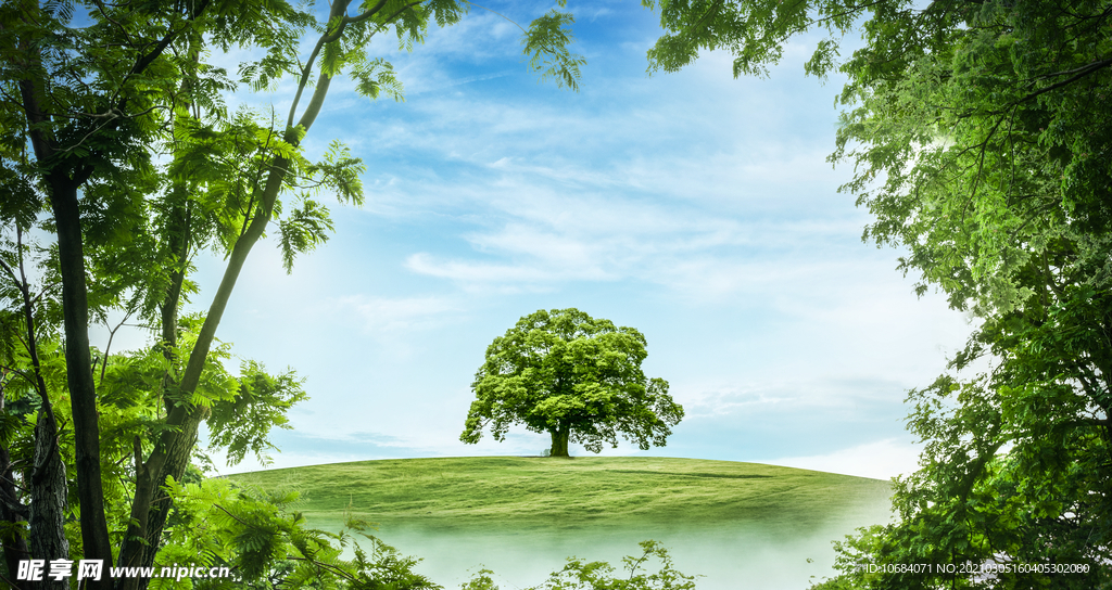 蓝天绿树美景psd分层素材