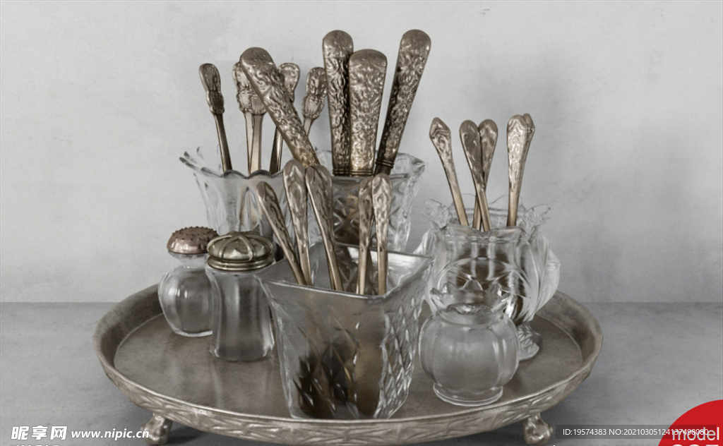 C4D模型复古银质玻璃托盘盘子