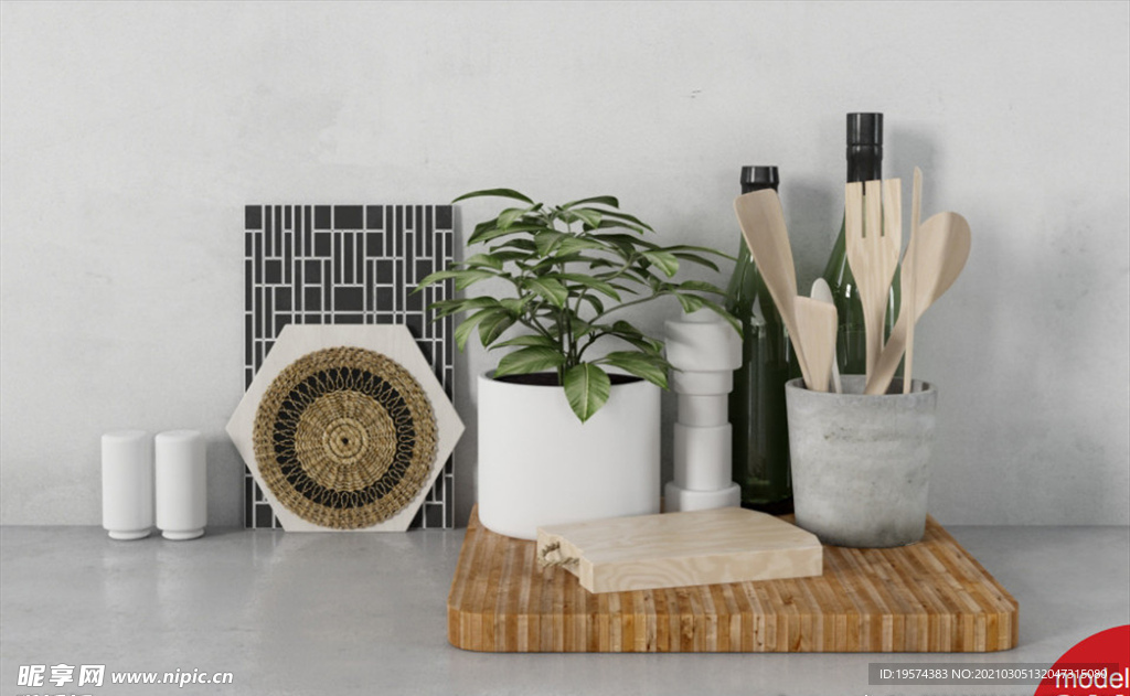 C4D模型切菜板静物蜡烛台锅铲