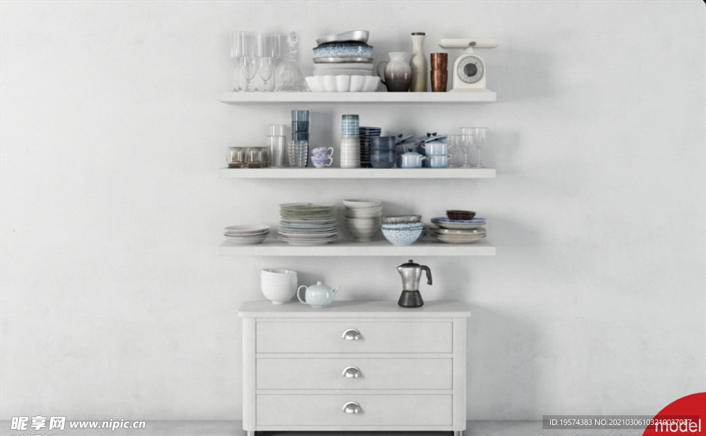 C4D模型碗柜盘子碗酒杯罐子