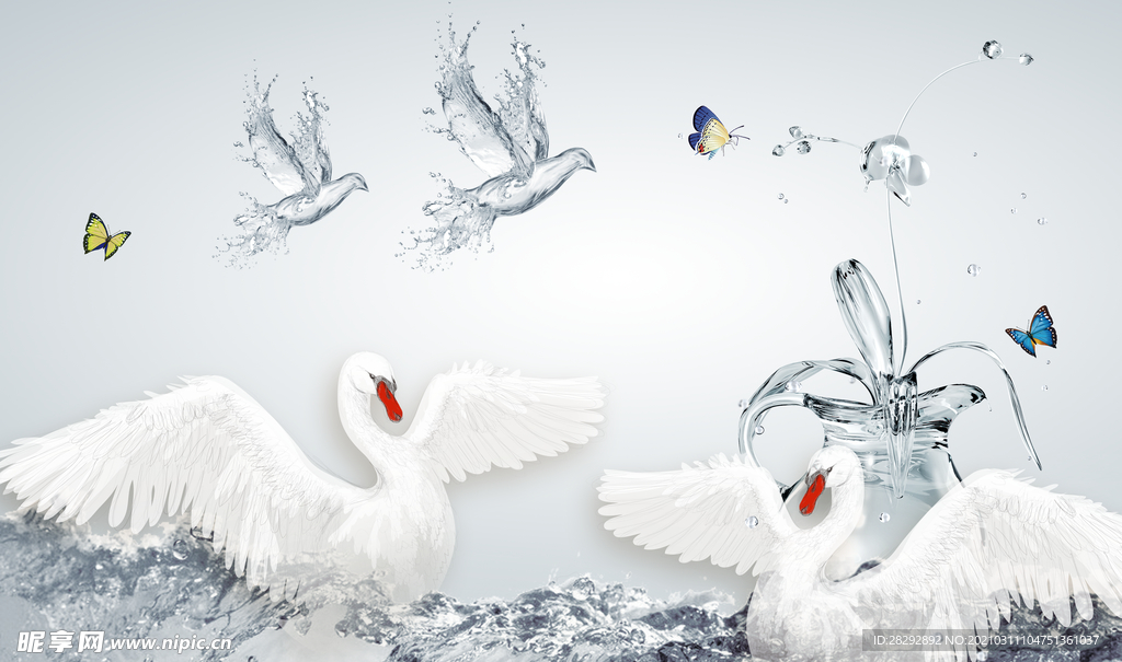 天鹅水花背景墙