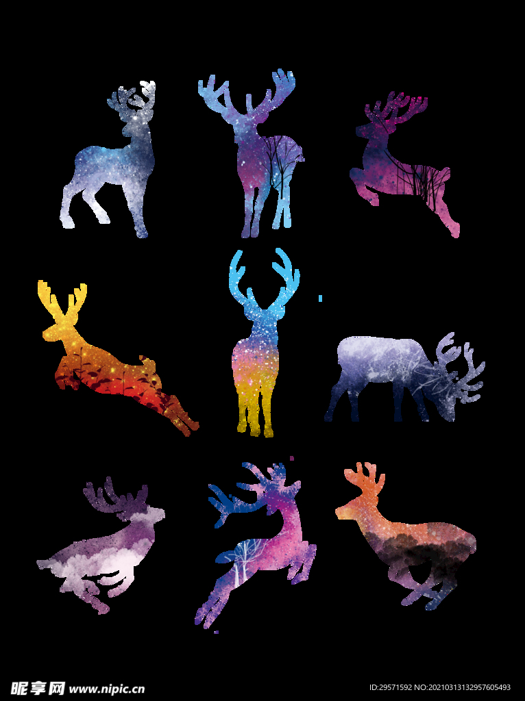 水彩星空奔跑的鹿