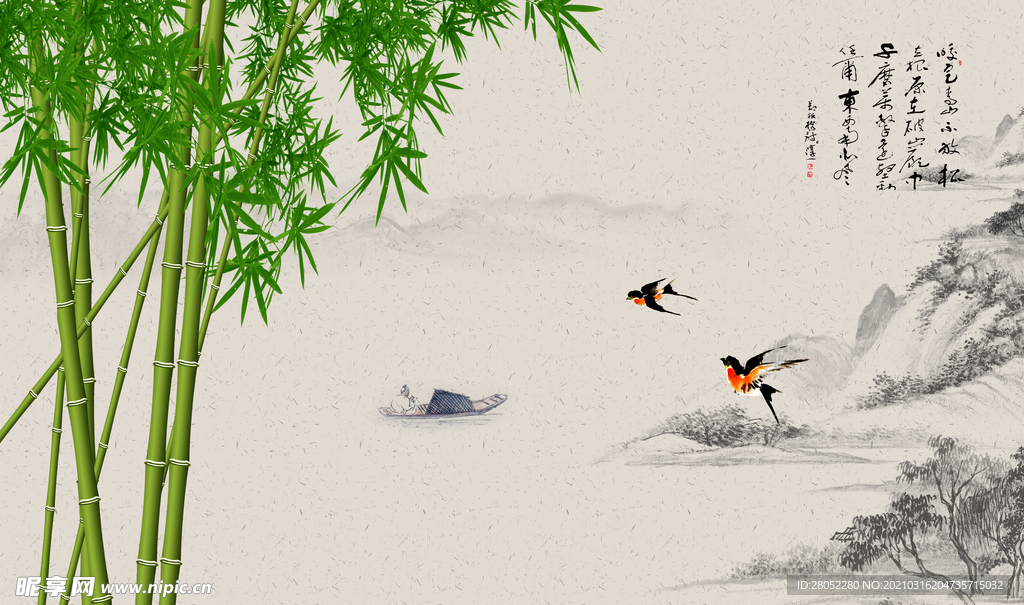 国画竹子山水背景墙