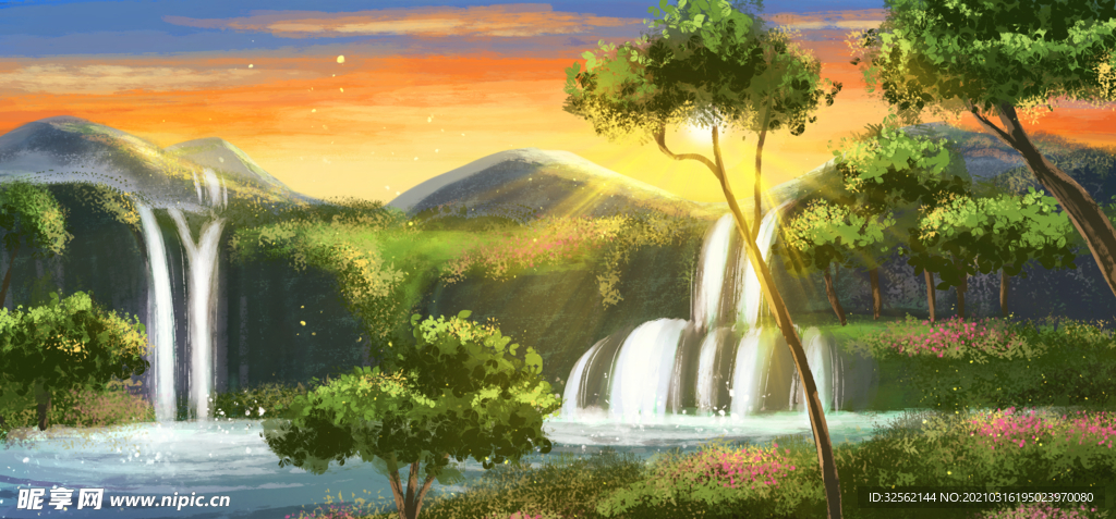 夏日瀑布油画