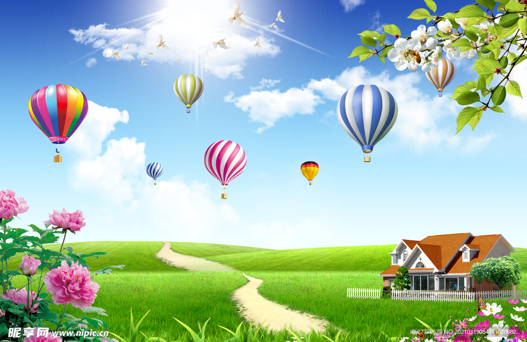 蓝天白云热气球