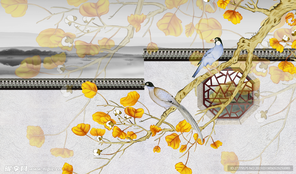 手绘银杏花鸟背景墙