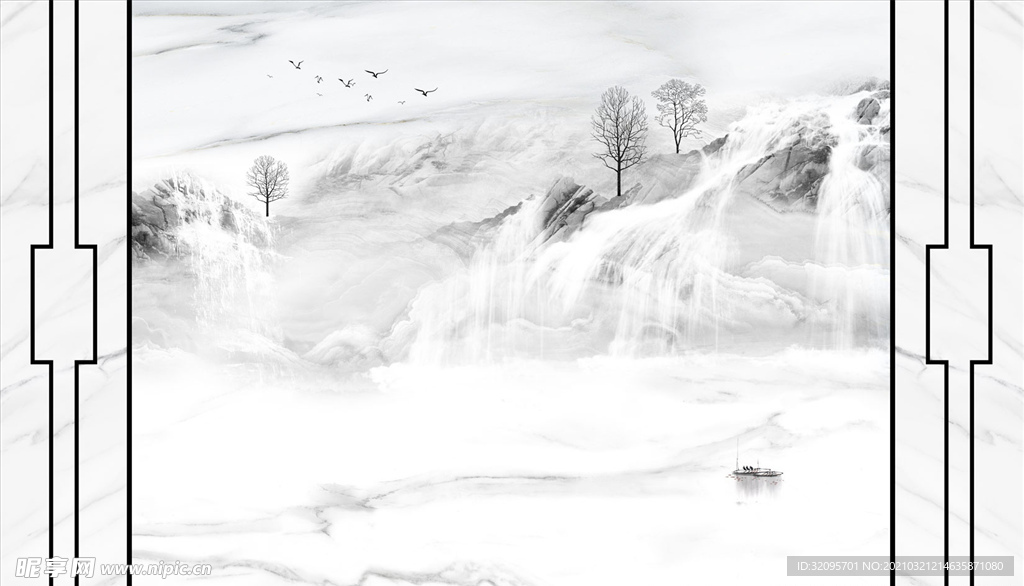 瀑布山水画高山流水造型树背景墙