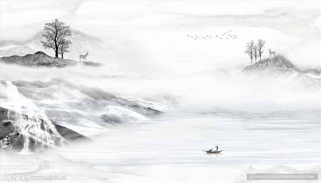 水墨画水墨山水树小船背景墙
