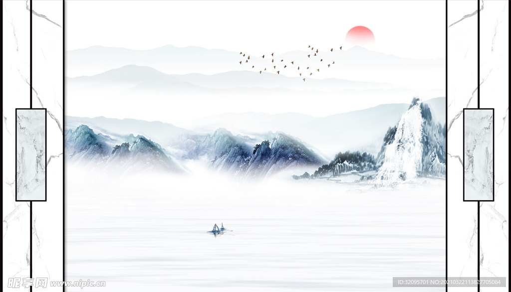 水墨山水太阳瀑布小船框框背景墙
