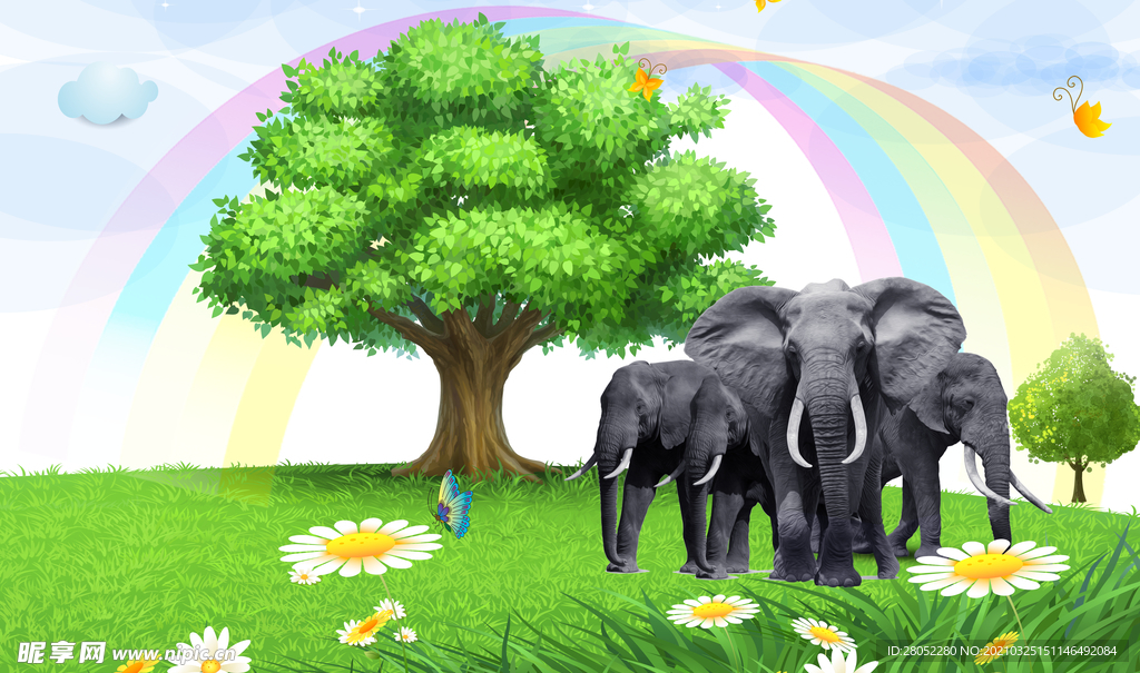 彩虹绿草地3D大象