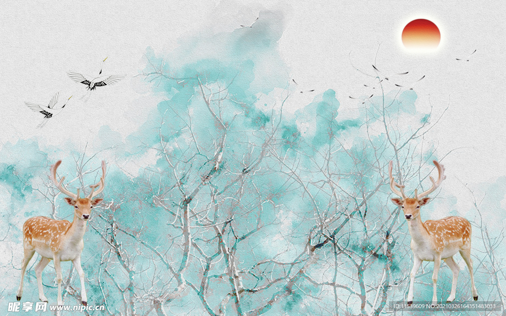 小鹿客厅背景墙壁画