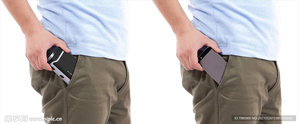 手拿手机钱包产品放裤兜分层素材