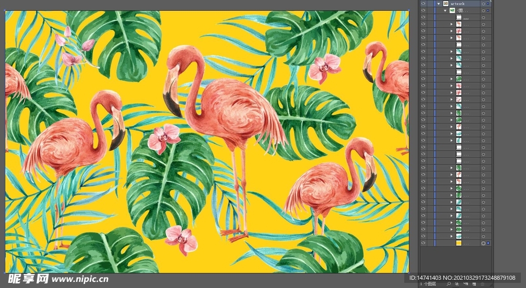 热带雨林火烈鸟绿色枝叶芭蕉叶