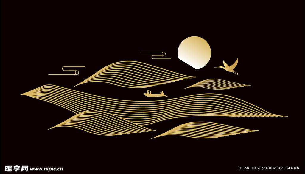 禅意山水波纹渔船落日线条