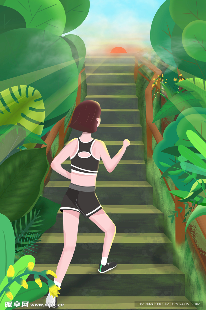 夏季清晨女生登山运动锻炼