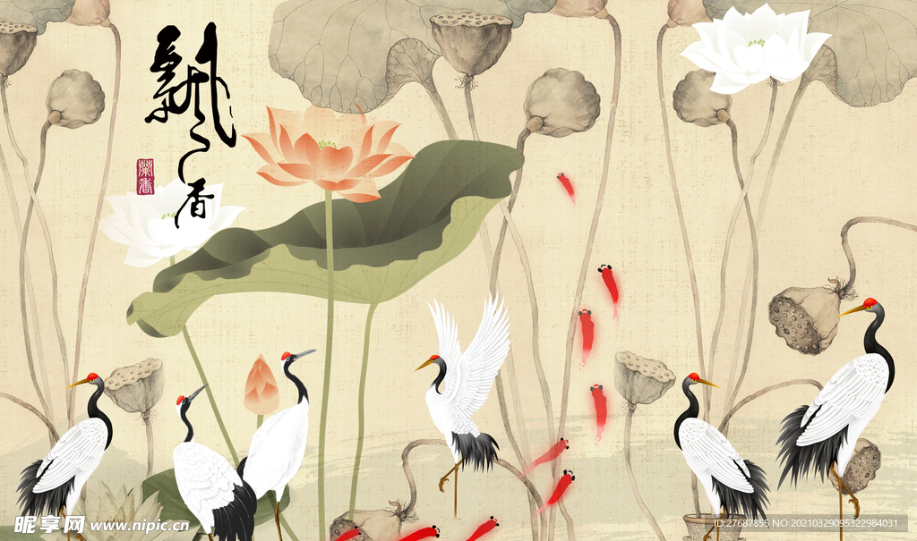 淡雅荷花仙鹤背景