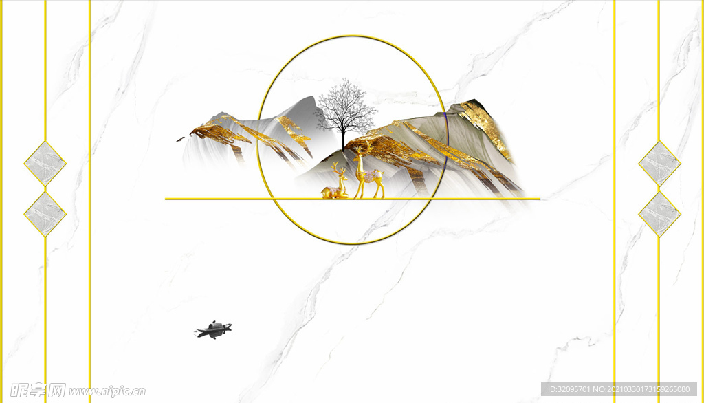 小船大雁梅花鹿树圆圈现代背景墙