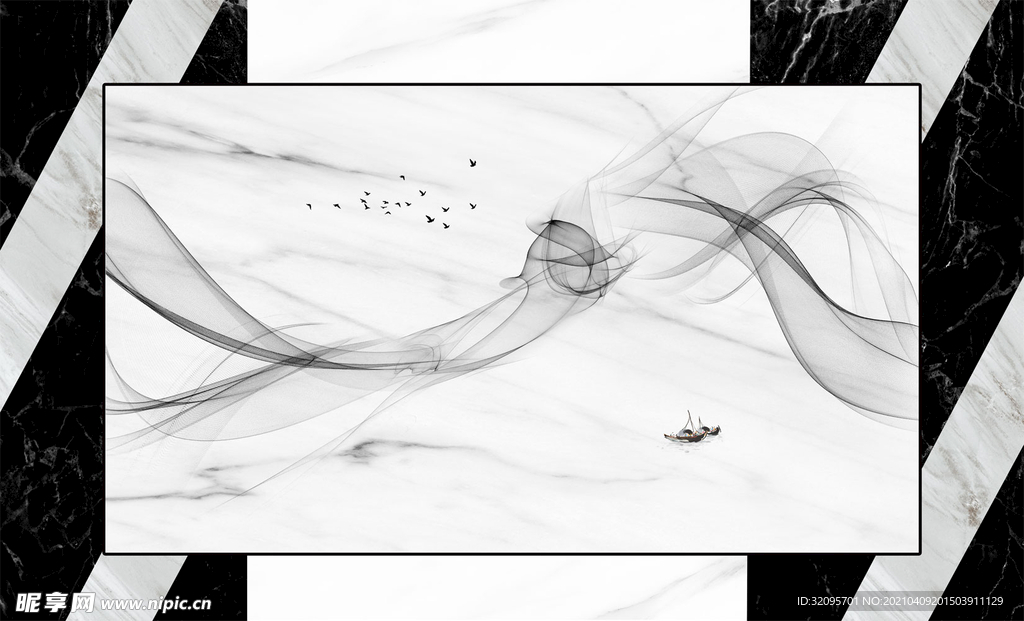 水墨画大理石色块小船飘带背景墙