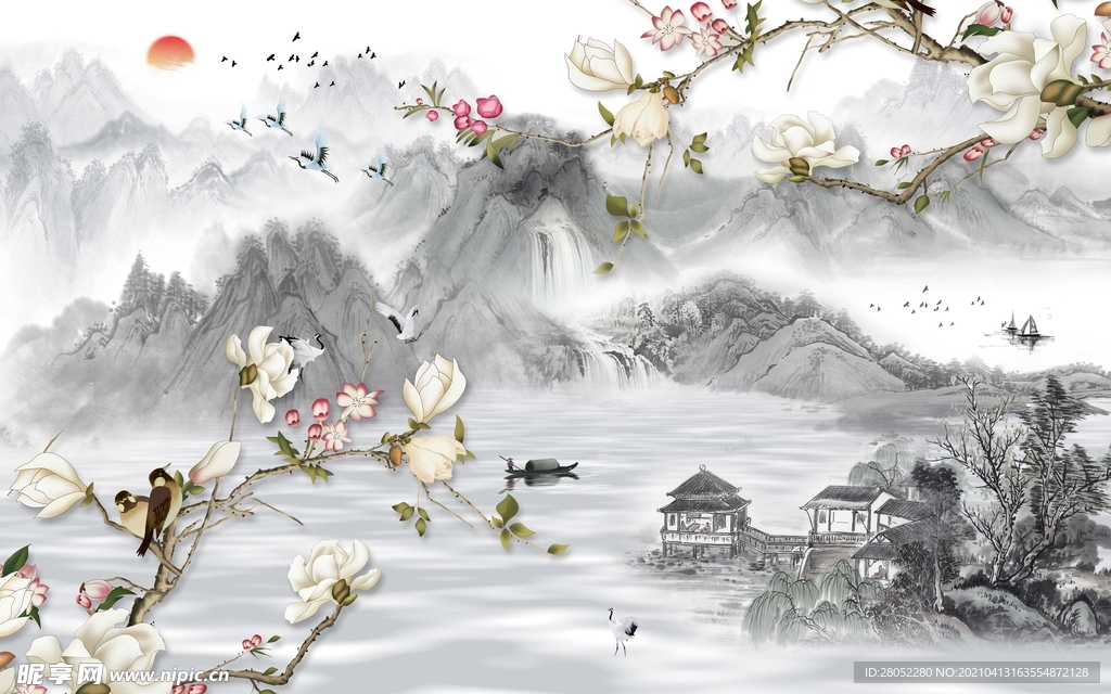 玉兰飘香水墨山水