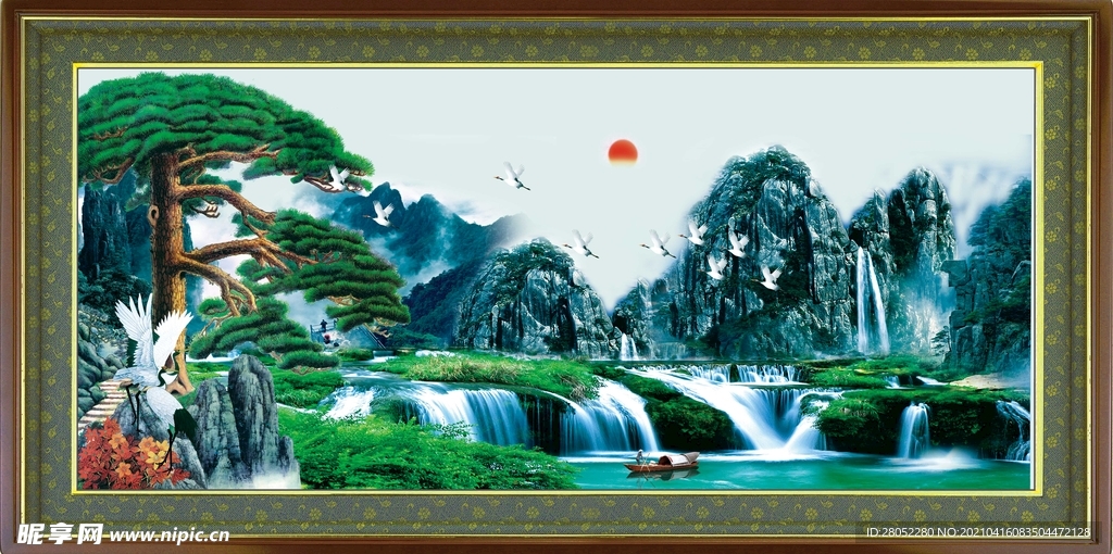 中式迎客松山水装饰画