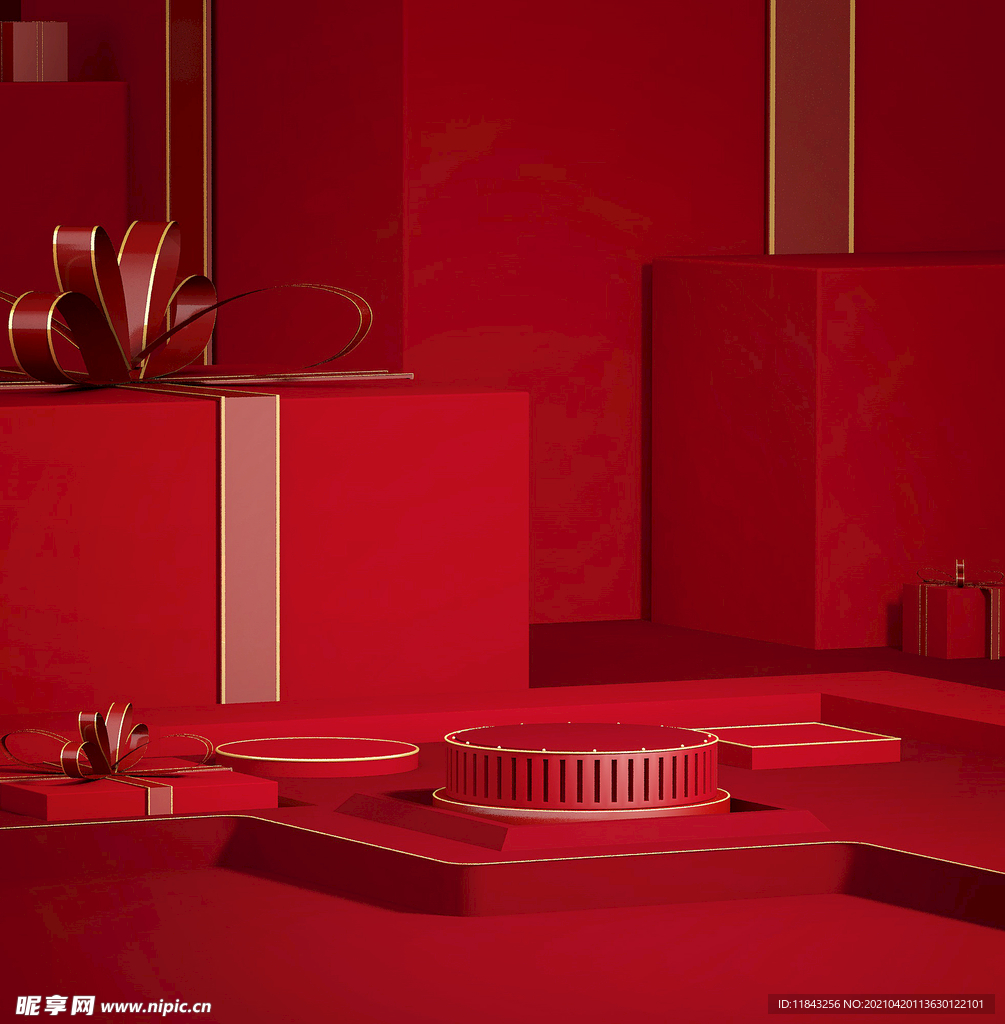 C4D年货节大促红色场景海报