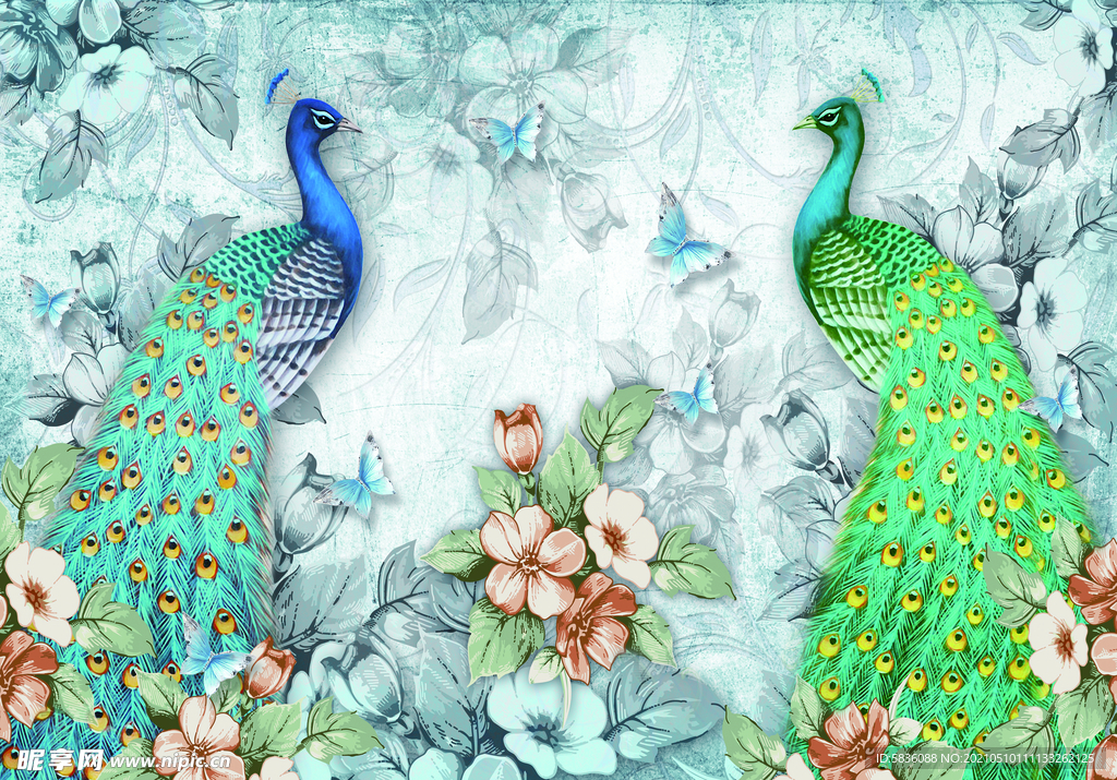 成对绿孔雀电视墙图案