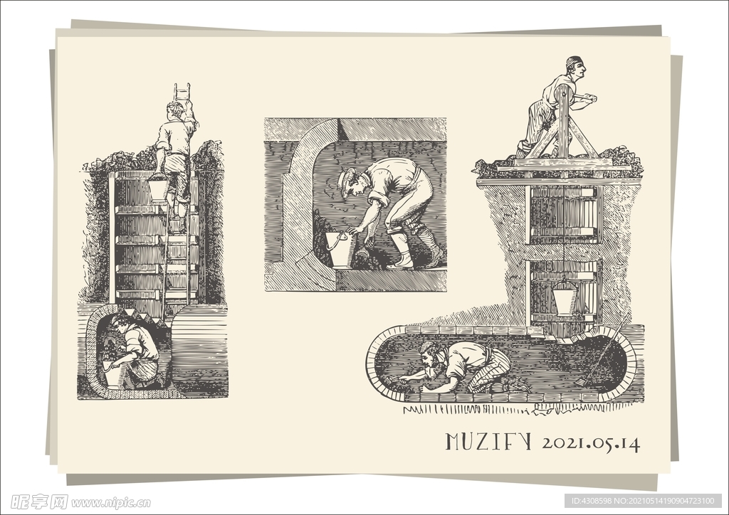 挖煤劳作图 手绘稿