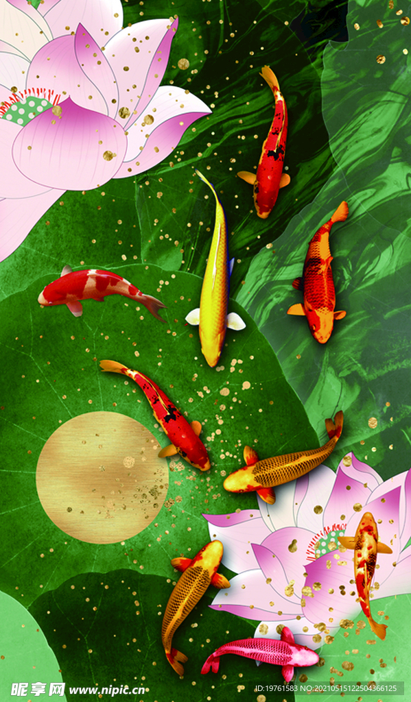 玄关 风景画 荷花 鱼 月亮